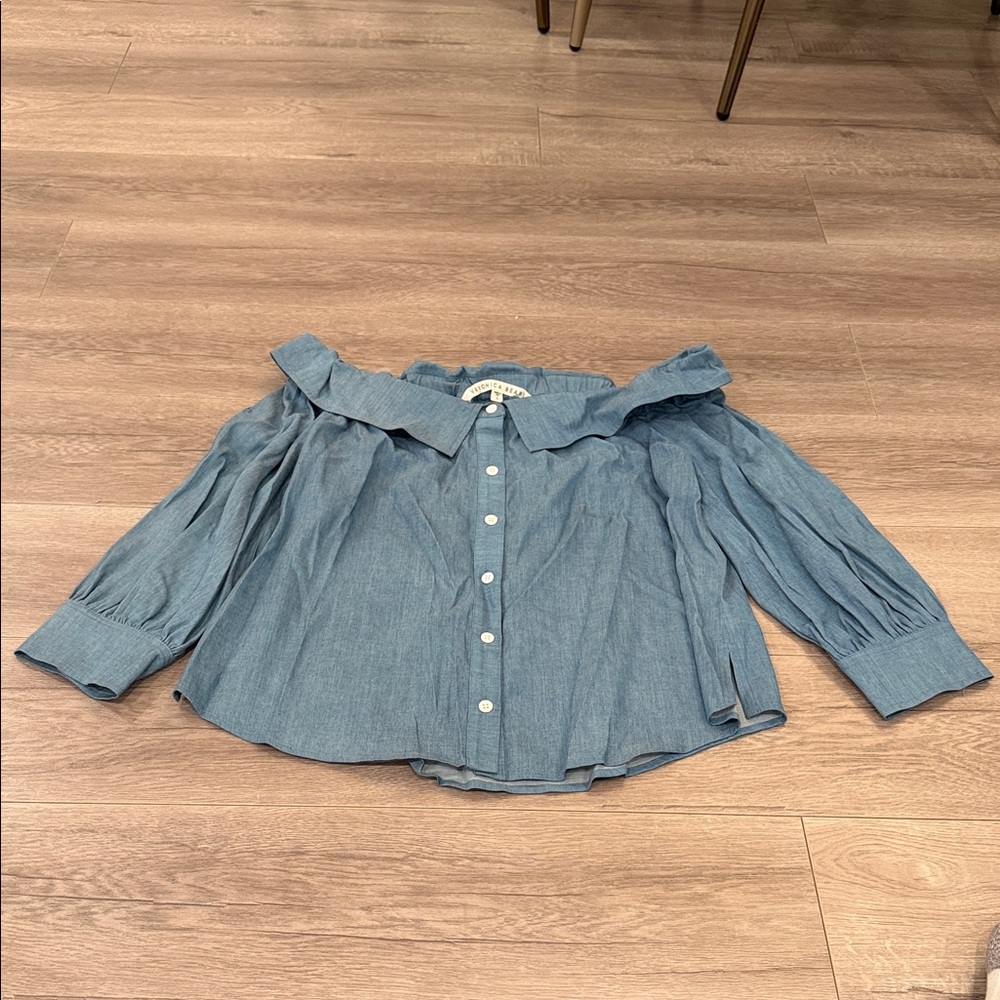 Veronica Beard Blue Chambray Off-Shoulder Blouse